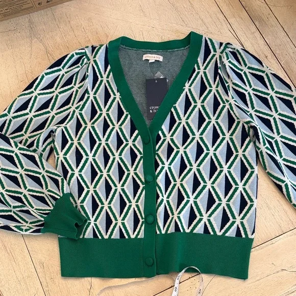 NWT crown & ivy Green, Navy, White Geometric Knit Cardigan - Picture 1 of 9